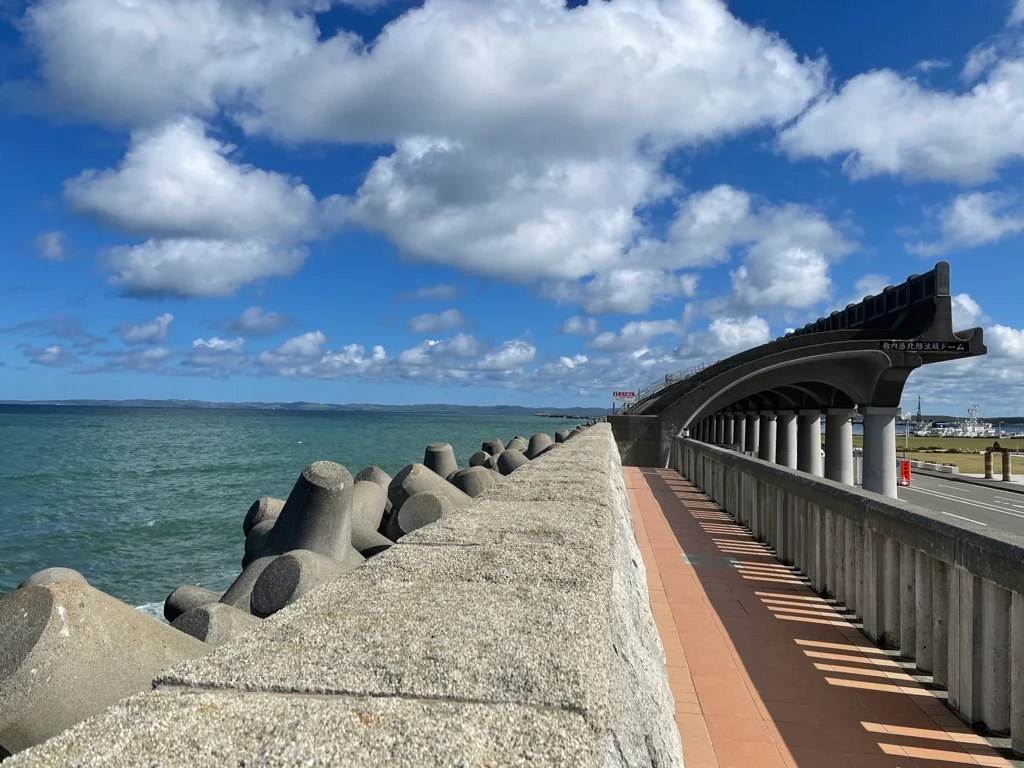 海辺の遊歩道と防波堤の風景